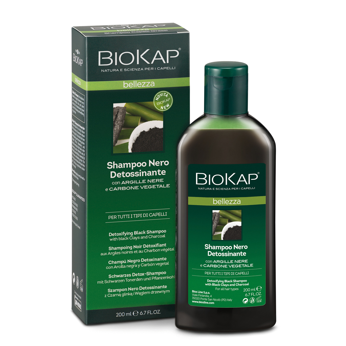 BIOKAP BELLEZZA Detoxikačn&#237; šampon na vlasy s čern&#253;m j&#237;lem a aktivn&#237;m uhl&#237;m, 200 ml