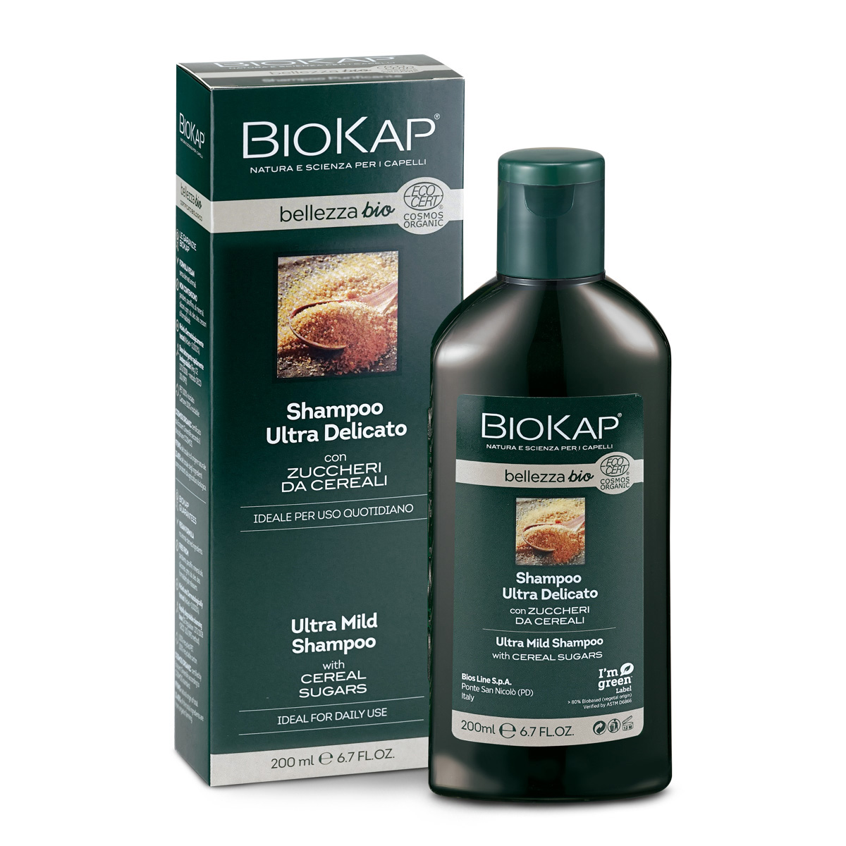 BIOKAP BELLEZZA BIO ultra jemn&#253; šampon pro každ&#253; den, s obiln&#253;mi v&#253;tažky, 200 ml