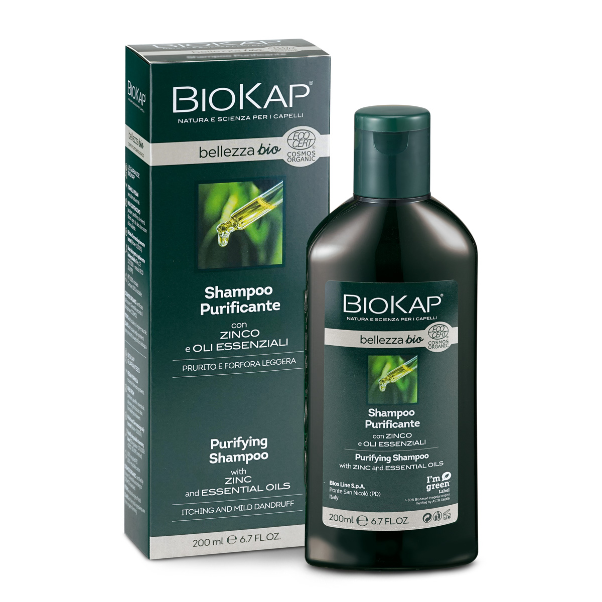 BIOKAP BELLEZZA BIO lehk&#253; čistic&#237; šampon se zinkem a esensi&#225;ln&#237;mi oleji, 200 ml