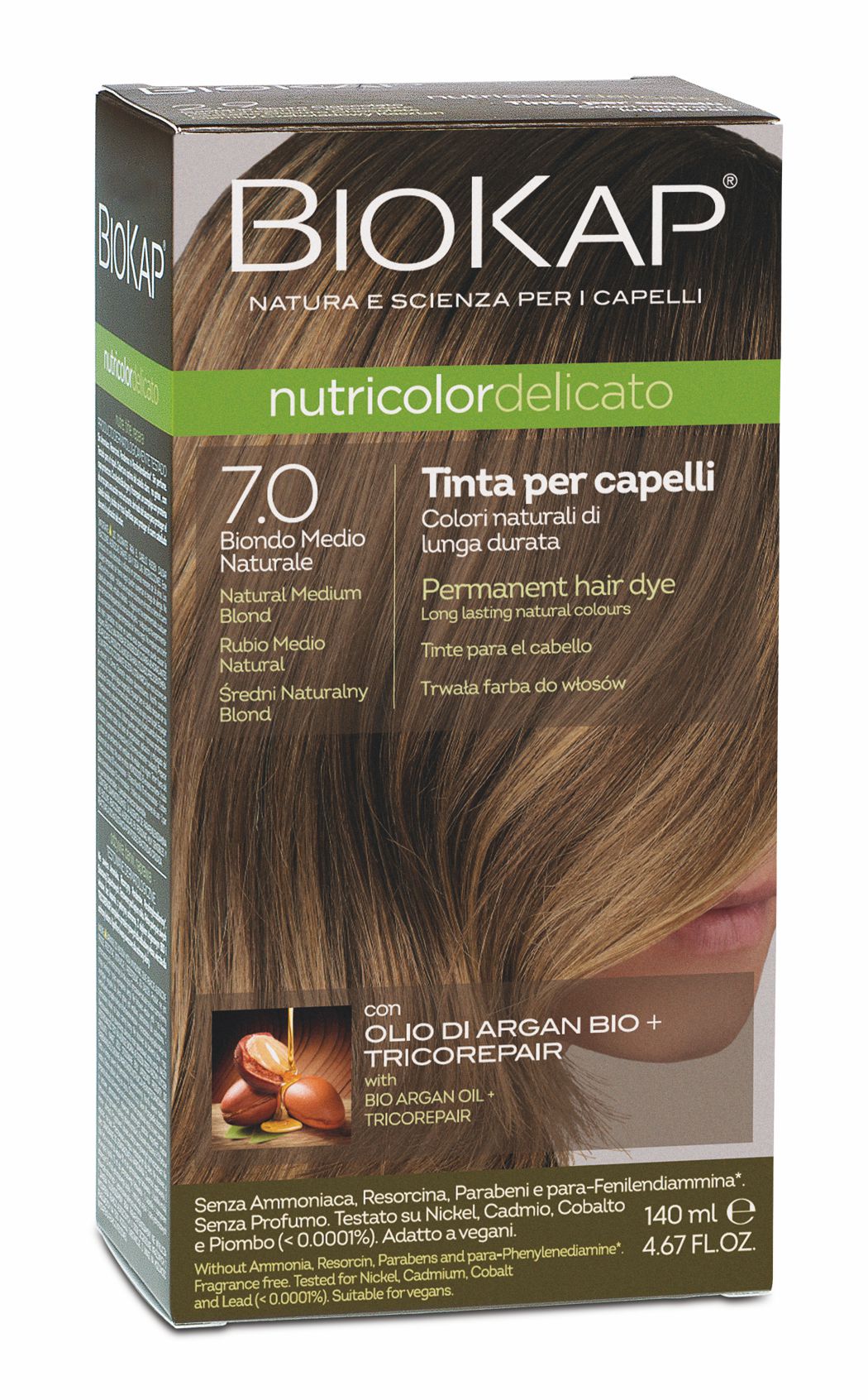 BIOKAP NUTRICOLOR DELICATO - Barva na vlasy - 7.0 Blond př&#237;rodn&#237;  středn&#237; 140 ml