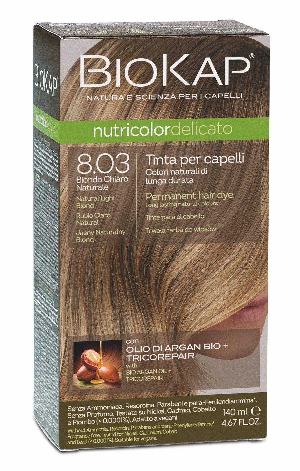 BIOKAP NUTRICOLOR DELICATO - Barva na vlasy - 8.03 Blond př&#237;rodn&#237; světl&#225;  140 ml