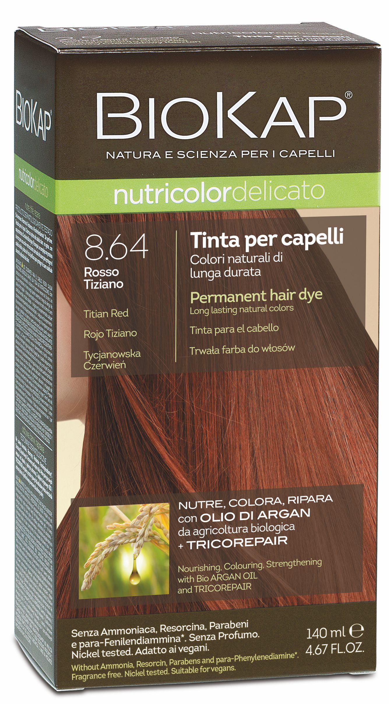 BIOKAP NUTRICOLOR DELICATO - Barva na vlasy - 8.64 Tizianově červen&#225; 140 ml